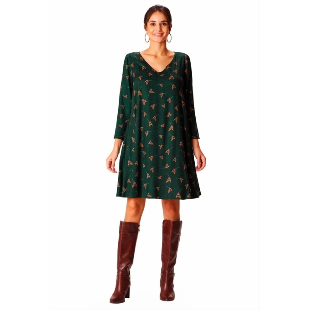 eShakti Green Mallard Duck Print Long Sleeve Trapeze Shift Dress